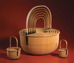 Nest of Nantucket lightship baskets, 2007. Karol Lindquist, Nantucket, Massachusetts. Scrimshaw by Robert Frazier, Nantucket, Massachusetts. Courtesy of National Heritage Museum and Massachusetts Cultural Council. Photography by Jason Dowdle